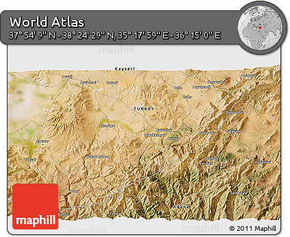 Satellite 3D Map of the Area around 38° 9' 19" N, 35° 46' 29" E