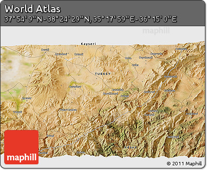 Satellite 3D Map of the Area around 38° 9' 19" N, 35° 46' 29" E