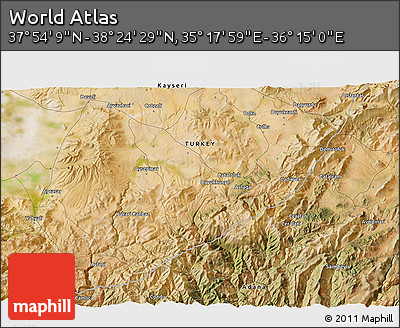 Satellite 3D Map of the Area around 38° 9' 19" N, 35° 46' 29" E