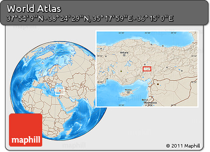 Shaded Relief Location Map of the Area around 38° 9' 19" N, 35° 46' 29" E