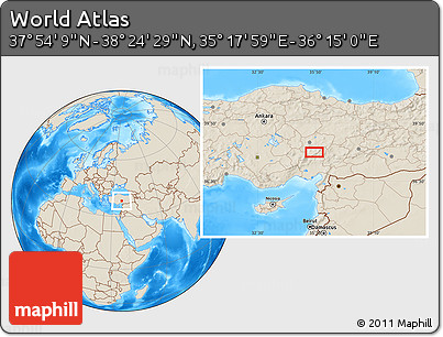 Shaded Relief Location Map of the Area around 38° 9' 19" N, 35° 46' 29" E