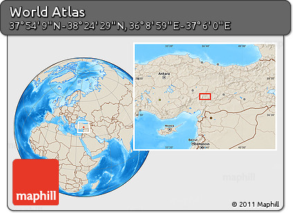 Shaded Relief Location Map of the Area around 38° 9' 19" N, 36° 37' 30" E