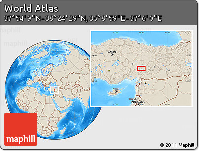 Shaded Relief Location Map of the Area around 38° 9' 19" N, 36° 37' 30" E