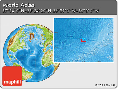 Physical Location Map of the Area around 38° 9' 19" N, 36° 28' 30" W