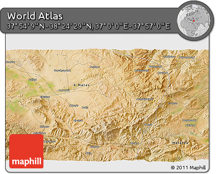 Satellite 3D Map of the Area around 38° 9' 19" N, 37° 28' 30" E