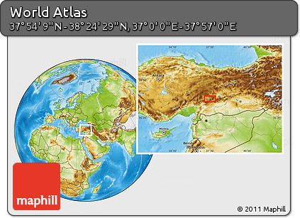 Physical Location Map of the Area around 38° 9' 19" N, 37° 28' 30" E