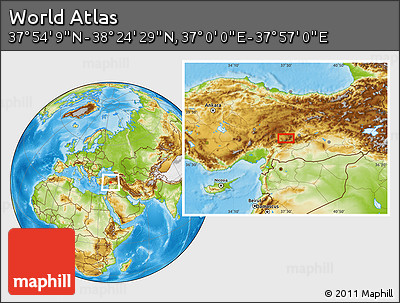 Physical Location Map of the Area around 38° 9' 19" N, 37° 28' 30" E