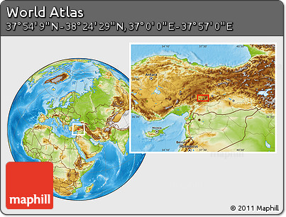 Physical Location Map of the Area around 38° 9' 19" N, 37° 28' 30" E