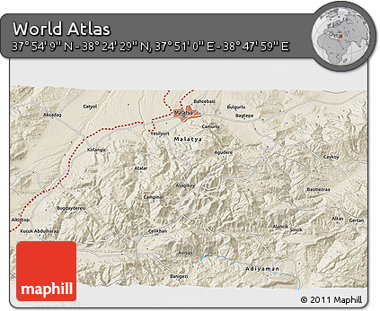 Shaded Relief 3D Map of the Area around 38° 9' 19" N, 38° 19' 30" E