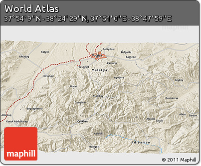 Shaded Relief 3D Map of the Area around 38° 9' 19" N, 38° 19' 30" E