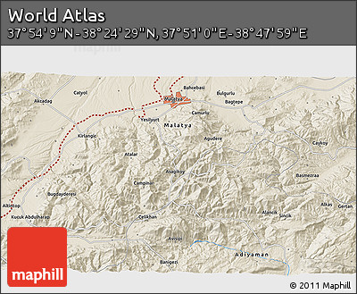 Shaded Relief 3D Map of the Area around 38° 9' 19" N, 38° 19' 30" E