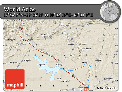 Shaded Relief Map of the Area around 38° 9' 19" N, 40° 1' 29" E