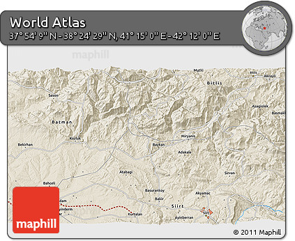 Shaded Relief 3D Map of the Area around 38° 9' 19" N, 41° 43' 30" E