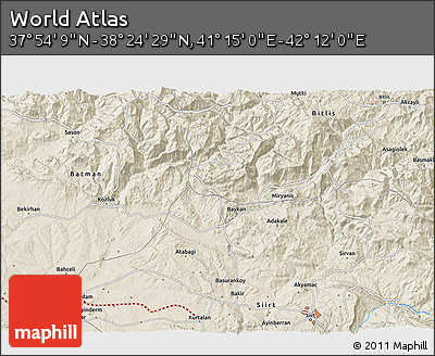 Shaded Relief 3D Map of the Area around 38° 9' 19" N, 41° 43' 30" E