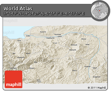 Shaded Relief 3D Map of the Area around 38° 9' 19" N, 43° 25' 29" E