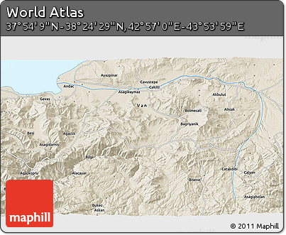 Shaded Relief 3D Map of the Area around 38° 9' 19" N, 43° 25' 29" E