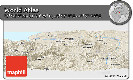 Shaded Relief Panoramic Map of the Area around 38° 9' 19" N, 43° 25' 29" E