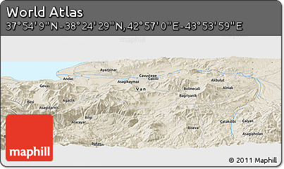 Shaded Relief Panoramic Map of the Area around 38° 9' 19" N, 43° 25' 29" E