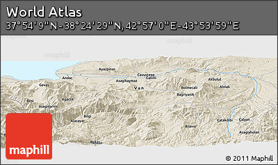 Shaded Relief Panoramic Map of the Area around 38° 9' 19" N, 43° 25' 29" E
