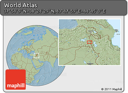 Savanna Style Location Map of the Area around 38° 9' 19" N, 44° 16' 29" E, hill shading