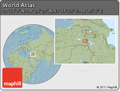 Savanna Style Location Map of the Area around 38° 9' 19" N, 44° 16' 29" E, hill shading