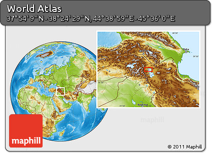 Physical Location Map of the Area around 38° 9' 19" N, 45° 7' 30" E