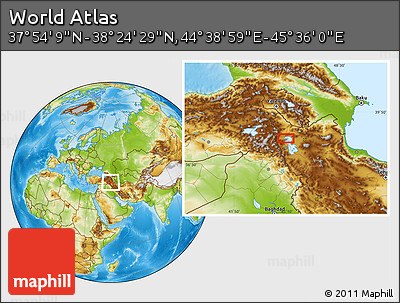 Physical Location Map of the Area around 38° 9' 19" N, 45° 7' 30" E