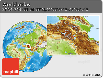 Physical Location Map of the Area around 38° 9' 19" N, 45° 7' 30" E