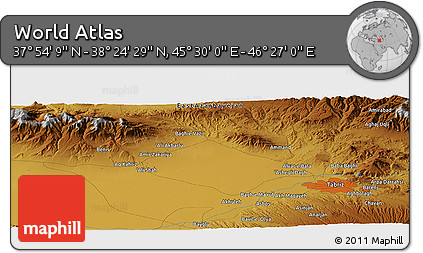 Physical Panoramic Map of the Area around 38° 9' 19" N, 45° 58' 30" E