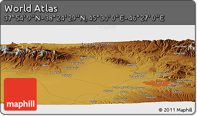 Physical Panoramic Map of the Area around 38° 9' 19" N, 45° 58' 30" E