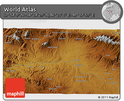 Physical 3D Map of the Area around 38° 9' 19" N, 46° 49' 30" E