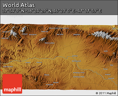 Physical 3D Map of the Area around 38° 9' 19" N, 46° 49' 30" E