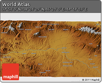 Physical 3D Map of the Area around 38° 9' 19" N, 46° 49' 30" E
