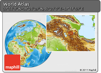 Physical Location Map of the Area around 38° 9' 19" N, 46° 49' 30" E
