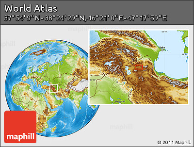 Physical Location Map of the Area around 38° 9' 19" N, 46° 49' 30" E