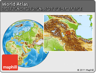 Physical Location Map of the Area around 38° 9' 19" N, 46° 49' 30" E