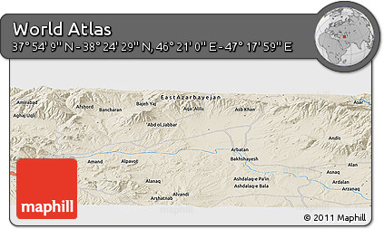 Shaded Relief Panoramic Map of the Area around 38° 9' 19" N, 46° 49' 30" E