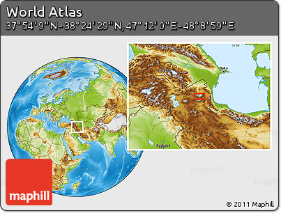 Physical Location Map of the Area around 38° 9' 19" N, 47° 40' 29" E