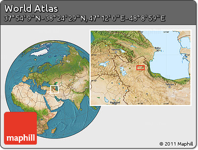 Satellite Location Map of the Area around 38° 9' 19" N, 47° 40' 29" E