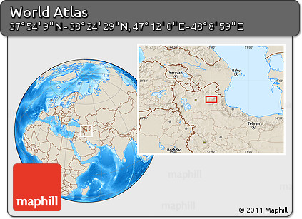 Shaded Relief Location Map of the Area around 38° 9' 19" N, 47° 40' 29" E