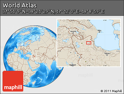 Shaded Relief Location Map of the Area around 38° 9' 19" N, 47° 40' 29" E
