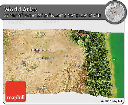Satellite 3D Map of the Area around 38° 9' 19" N, 48° 31' 29" E
