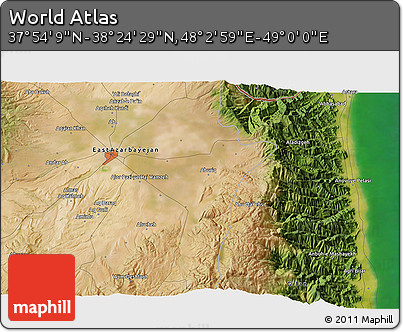 Satellite 3D Map of the Area around 38° 9' 19" N, 48° 31' 29" E