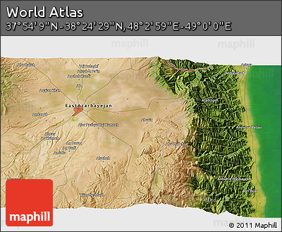 Satellite 3D Map of the Area around 38° 9' 19" N, 48° 31' 29" E