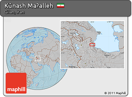 Gray Location Map of Kūnash Maḩalleh, hill shading
