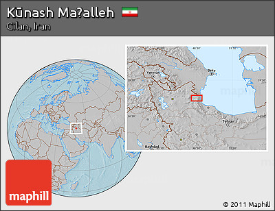 Gray Location Map of Kūnash Maḩalleh, hill shading