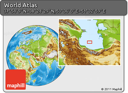 Physical Location Map of the Area around 38° 9' 19" N, 51° 4' 30" E