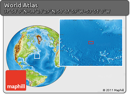 Physical Location Map of the Area around 38° 9' 19" N, 54° 19' 30" W
