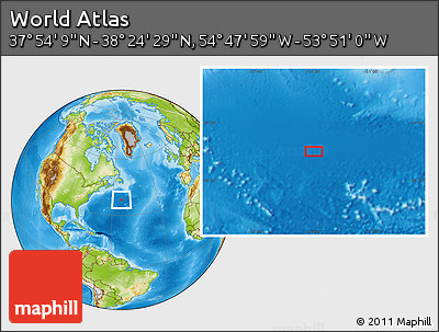 Physical Location Map of the Area around 38° 9' 19" N, 54° 19' 30" W
