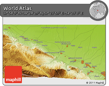 Physical 3D Map of the Area around 38° 9' 19" N, 57° 52' 30" E